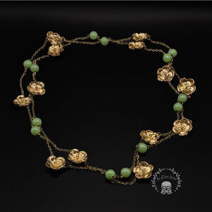 Stunning Vintage Gold Flower and Green Glass Longline Opera Necklace